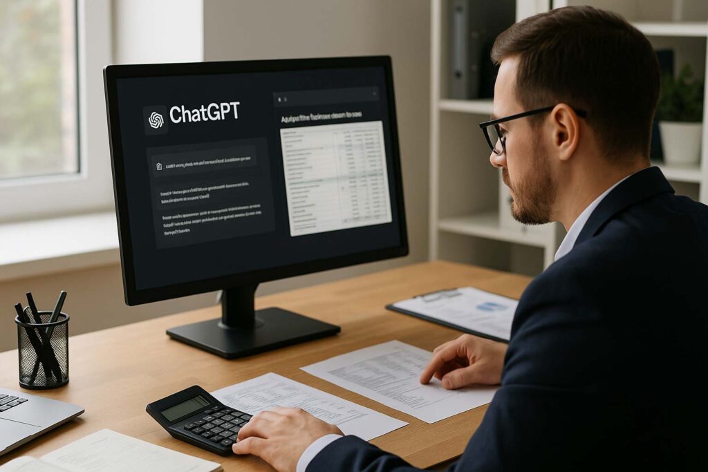 Dirigeant utilisant ChatGPT comme assistant pour analyser la comptabilité et les documents financiers d’une entreprise