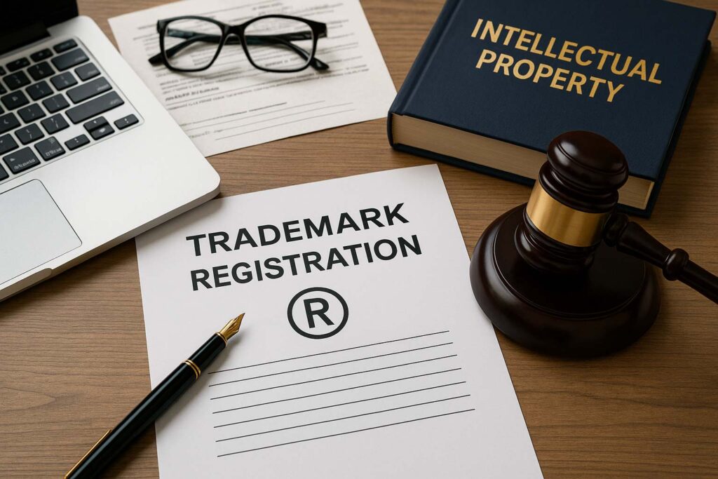 Bureau professionnel avec documents de dépôt de marque, marteau de juge, livre sur la propriété intellectuelle et ordinateur portable, illustrant la procédure de dépôt INPI.