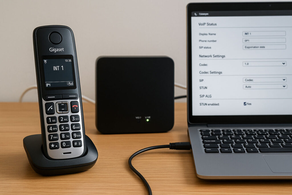 Installation VoIP SFR avec une box Internet connectée, un téléphone fixe IP, un ordinateur affichant des paramètres réseau et un environnement domestique moderne illustrant la configuration téléphonie via Internet.