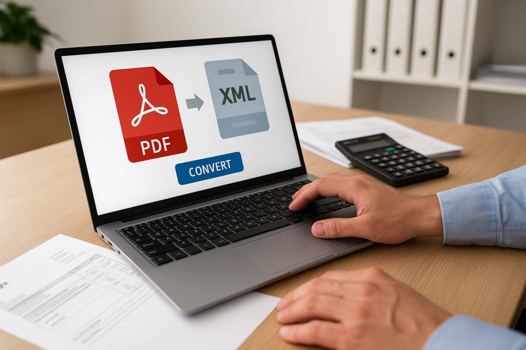 Bureau moderne avec un ordinateur affichant une facture PDF convertie en format Factur-X, entouré de documents comptables, d’un scanner, et d’un smartphone montrant un tableau de suivi, représentant la transition vers la facturation électronique et l’automatisation administrative.
