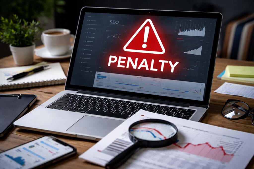 Poste de travail SEO avec ordinateur affichant une alerte de pénalité Google et une chute de trafic, illustrant un domaine pénalisé.