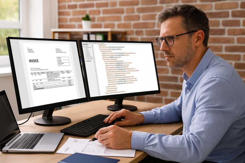 Responsable financier travaillant sur un logiciel de facturation interne avec une facture électronique Factur-X affichée à l’écran dans un bureau moderne