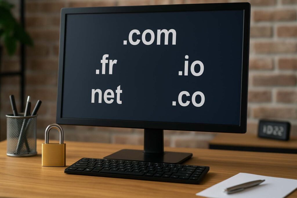 Écran d’ordinateur affichant plusieurs extensions de domaine (.com, .fr, .net, .io, .co) sur un bureau professionnel avec un cadenas symbolisant la protection de marque.