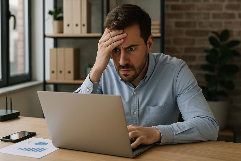 Dirigeant d’entreprise inquiet devant son ordinateur après la perte de son nom de domaine et l’indisponibilité de son site web