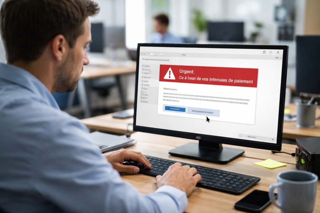 Salarié en entreprise analysant un email suspect de phishing sur son ordinateur de bureau