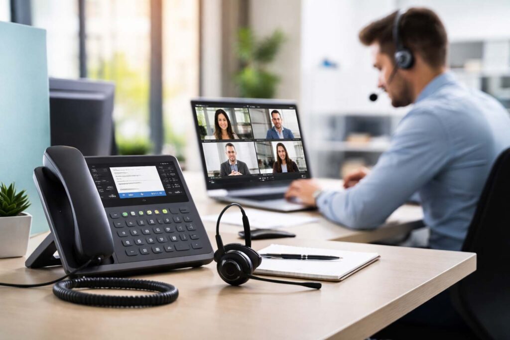 Téléphonie d’entreprise moderne avec IPBX : téléphone IP, casque et visioconférence en environnement professionnel